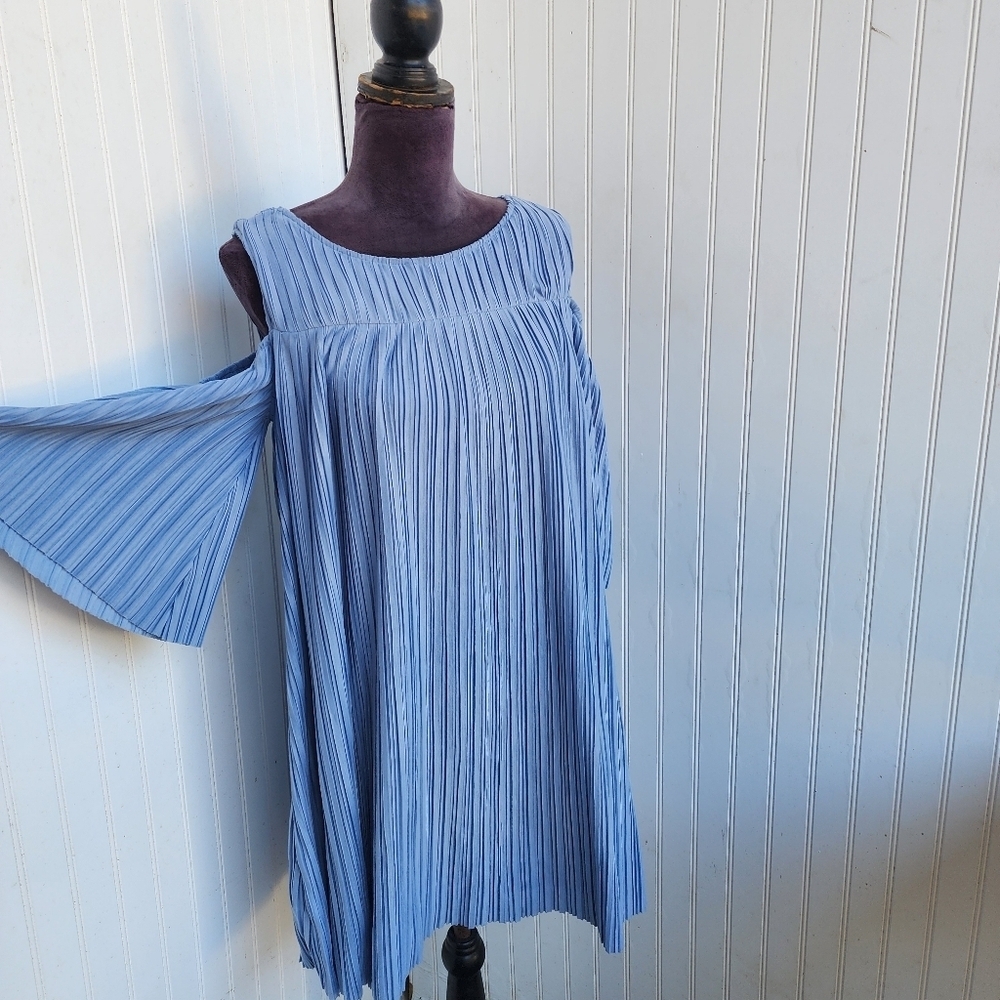 Luxology Dress Womens Blue Shift Short Lined Cold Shoulder 3/4 Sleeve Pleated 6
